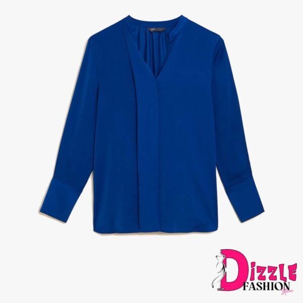 Dizzle - Blouse - Satin V-Neck Long Sleeve Popover Blouse - Dark Blue