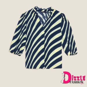 Dizzle - Atasan Wanita - Striped V-Neck Ruffle Short Sleeve Top - Navy Mix