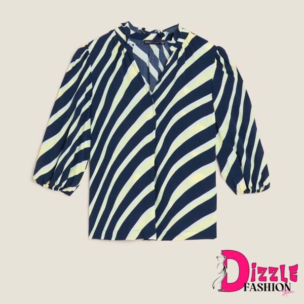 Dizzle - Atasan Wanita - Striped V-Neck Ruffle Short Sleeve Top - Navy Mix