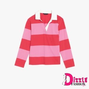 Dizzle - Atasan Wanita - Pure Cotton Striped Rugby Top - Pink Mix