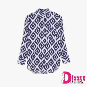 Dizzle - Atasan Wanita - Pure Linen Printed Oversized Shirt - Blue Mix